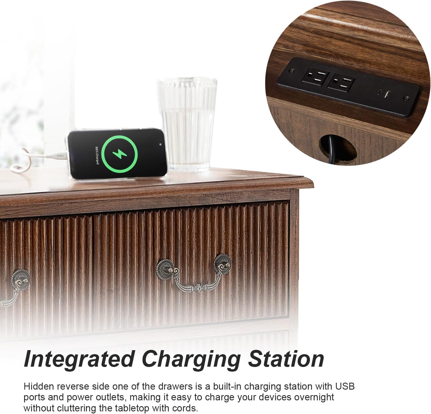 HULALA HOME French Country End Table, 30 inches Paulownia Wood End Table with Charging Station (Walnut, Set of 2)