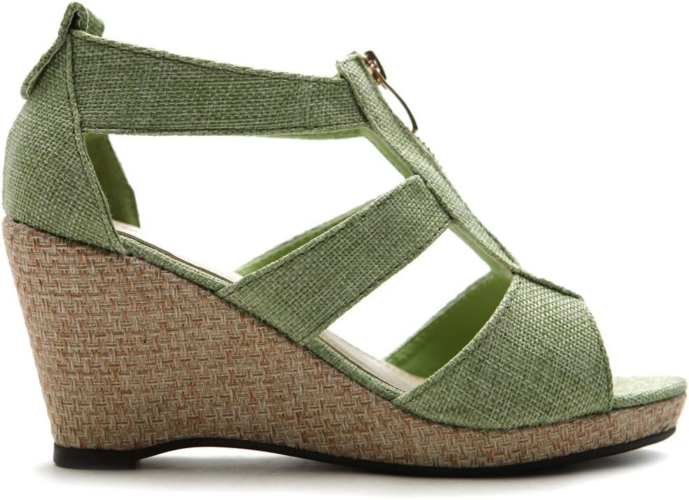 Ollio Women's Shoe Front Zipper Wedge High Heel Strap Sandal ZM7962(6 B(M) US, Green)