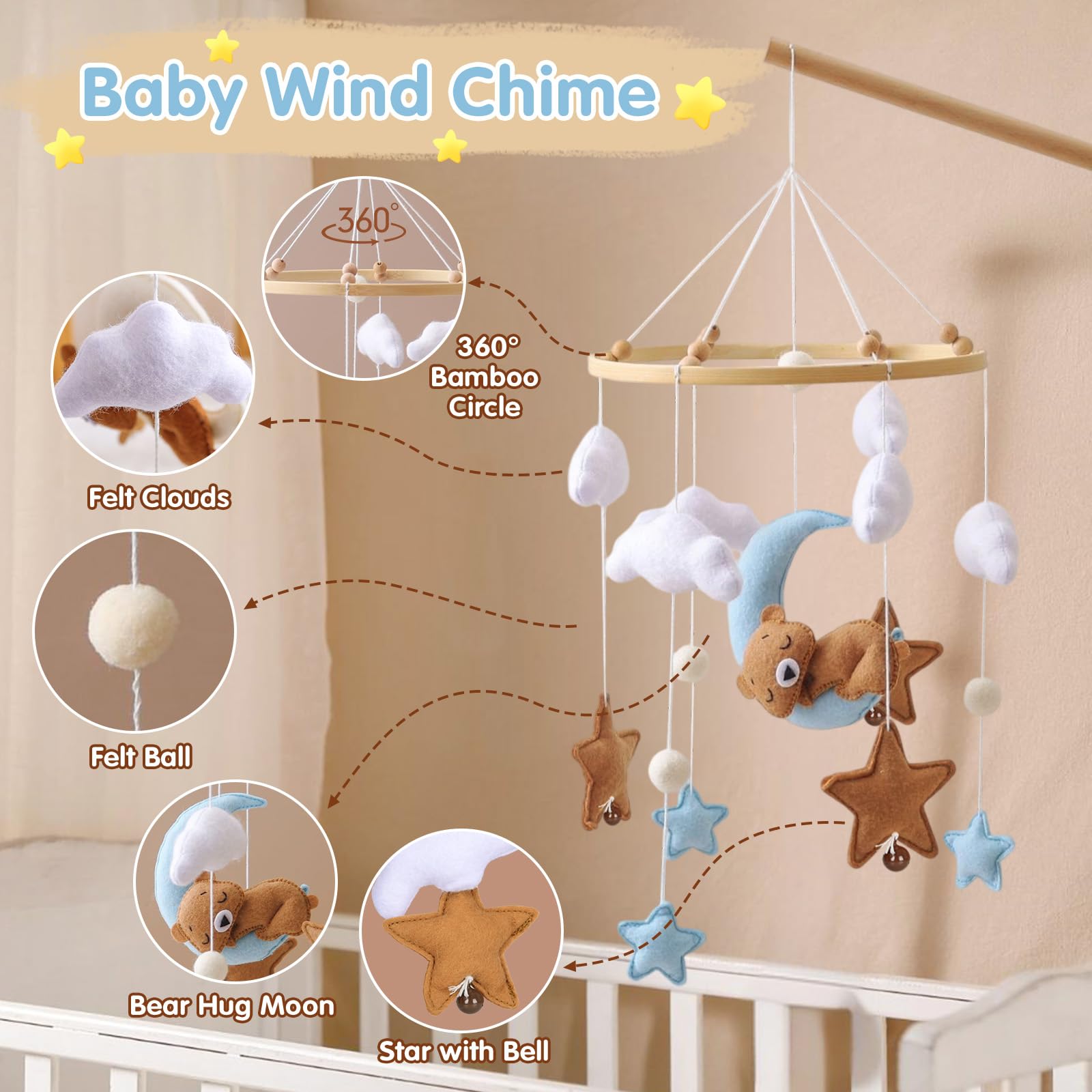 Baby Campanelli Eolici Mobile in Feltro Giostrina Culla Neonato Legno Orso Nuvole Luna Stelle Campane Decorazione Regali Neonati