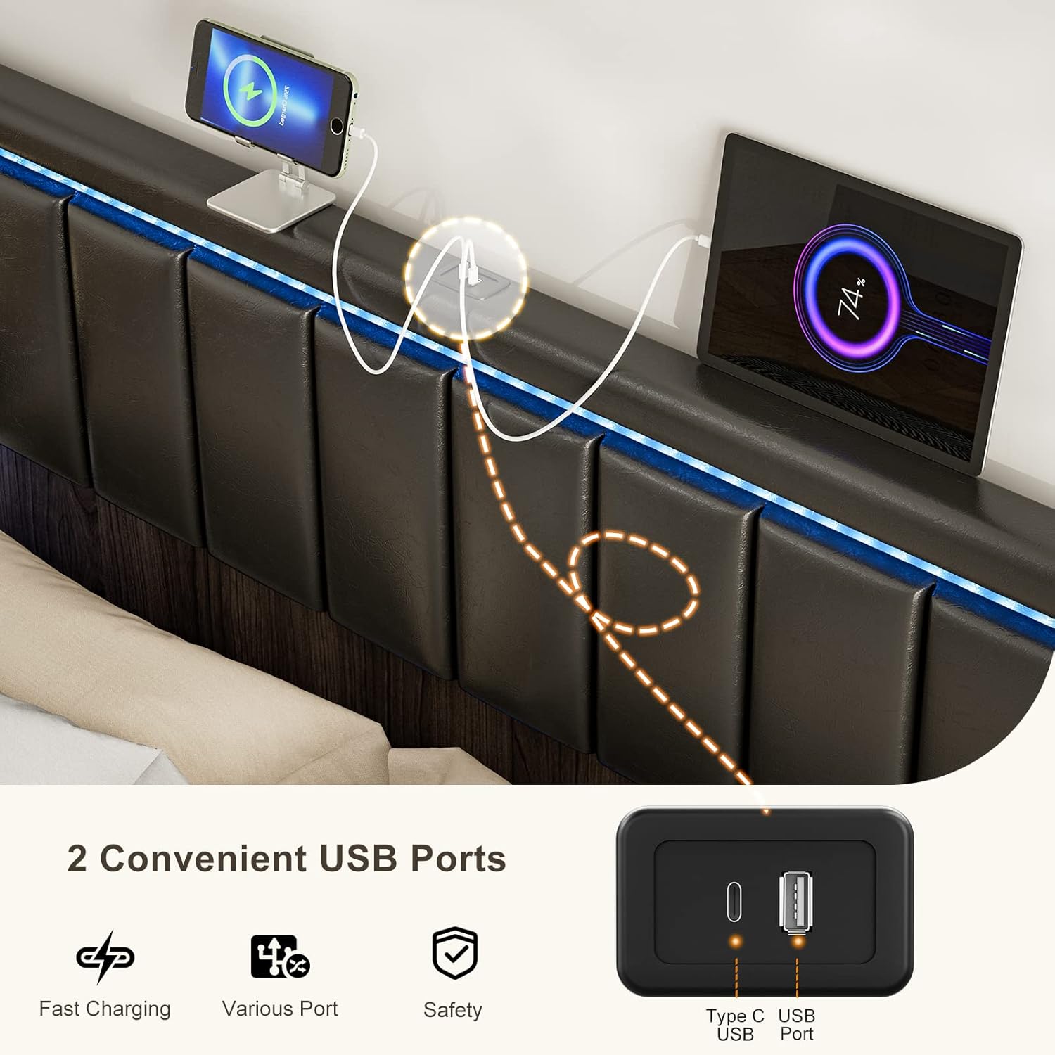 IKIFLY Full Size LED Headboard with 2 USB Ports, Adjustable Height - Modern Upholstered Faux Leather Full Headboard Only with Changing LED Lights, Easy Assembly, Black