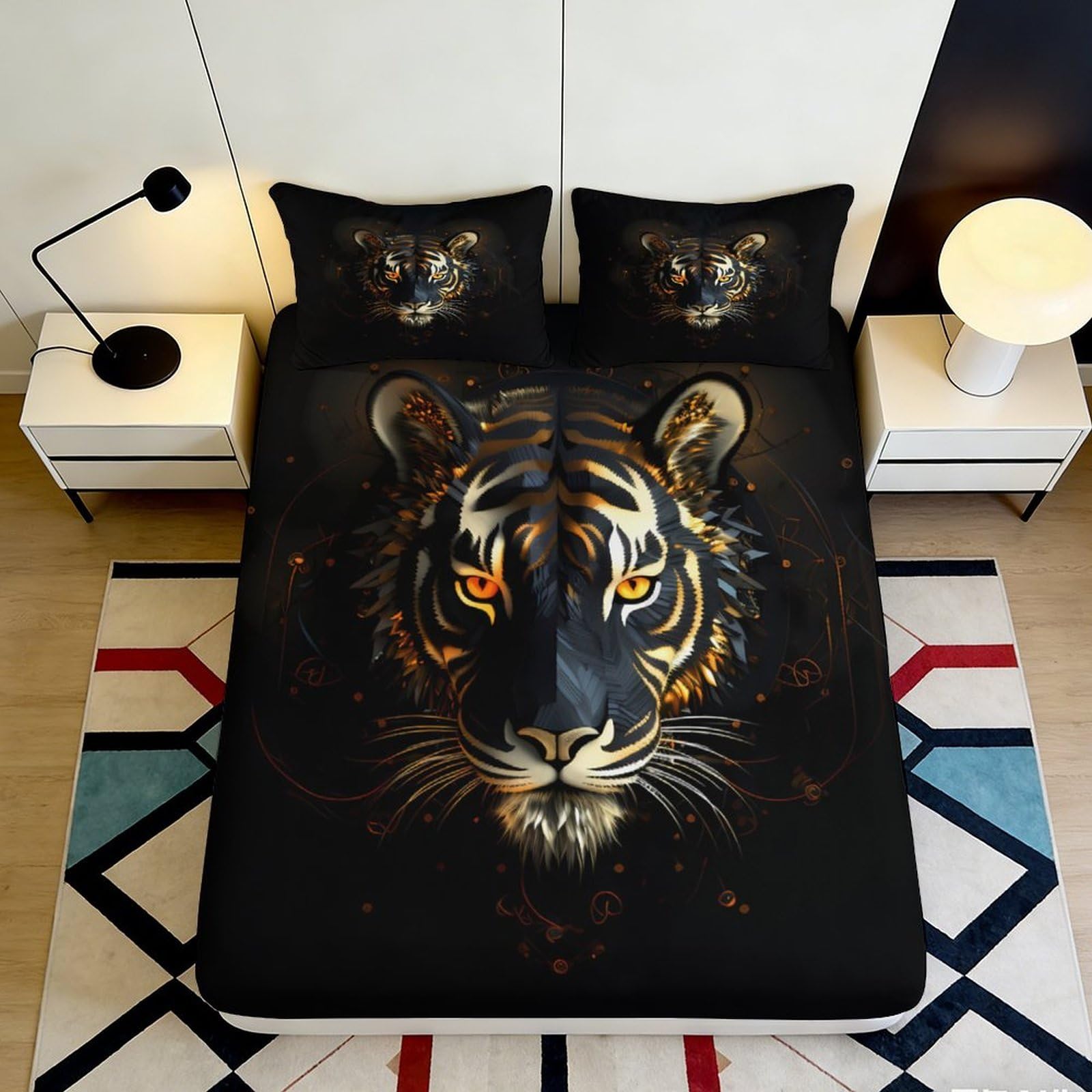 3D Printed Tiger Face Fitted Sheet Microfiber Black Orange Animal Mattress Cover for Bedroom Dorm Decor Easy Care 120x200x25cm