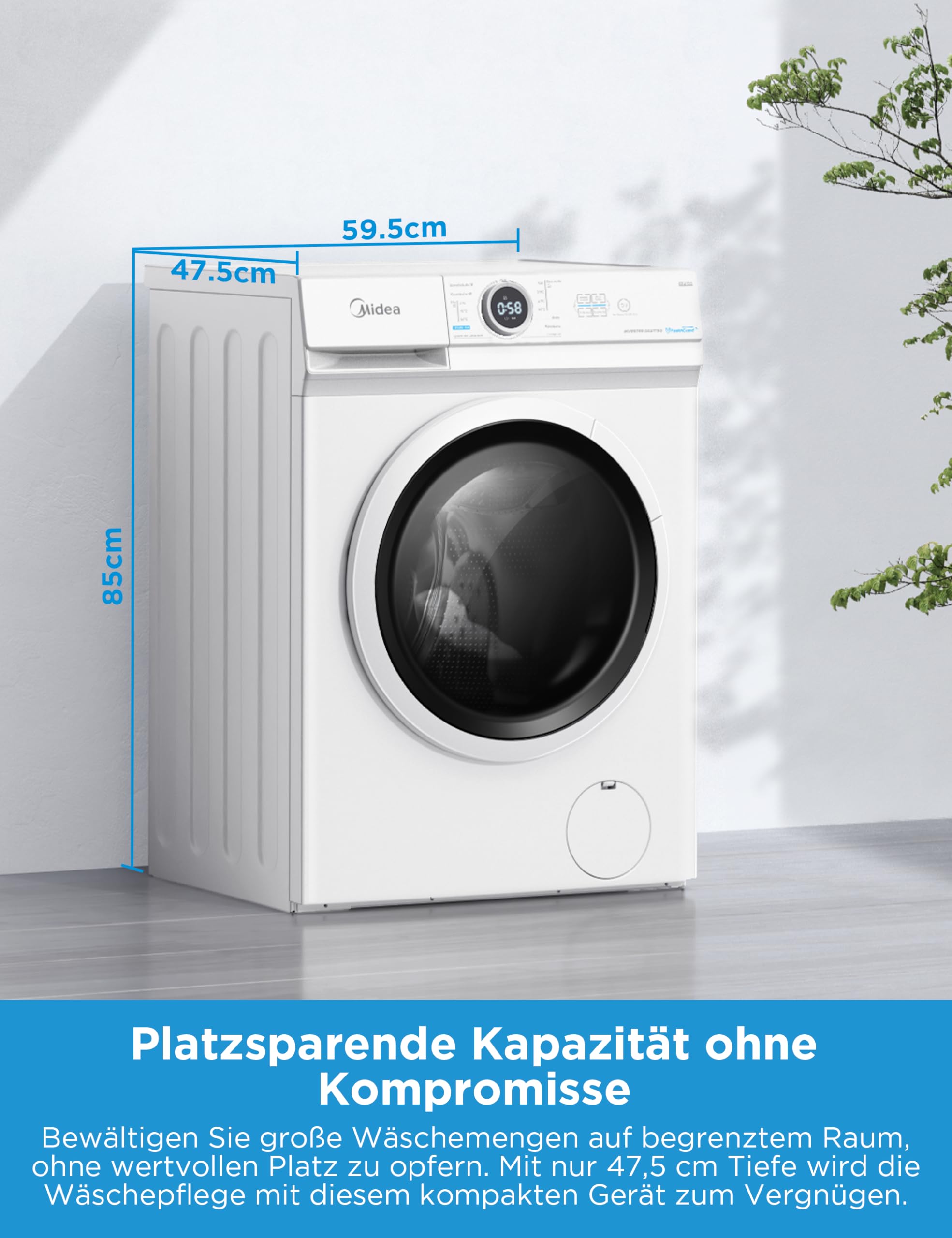 Midea MF10EW80BA10 Waschmaschine 8kg 1400 U/Min EEK A-10% Inverter Quattro Motor Dampffunktion Weiß