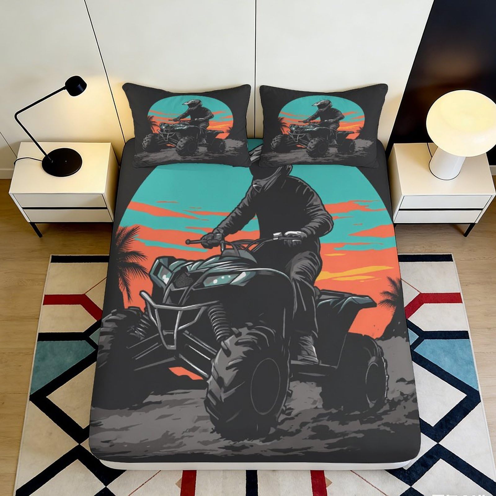 3D Printed ATV Rider Fitted Sheet Microfiber Durable 3D Printed Sunset Bed Cover for Bedroom Dormitory Guest Room Mattress Protection 200x200x25cm