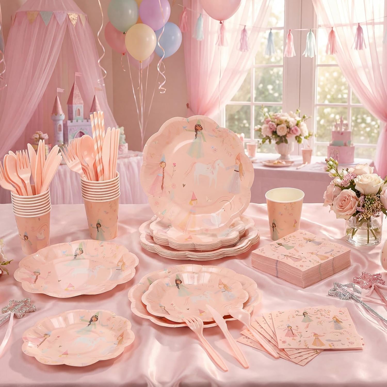 Yungyan 170 Pcs Princess Party Supplies Kit Pink Fairytale Disposable Tableware Set Include Plate Cup Utensil Napkin for Princess Birthday Party Baby Shower Decoration, Serve 24 Guests