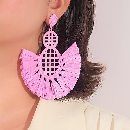 Miniatura 6 de Pendientes de borla de rafia bohemios, aretes colgantes lindos y divertidos, hechos a mano, de moda, para verano, playa, boda, joyería para mujer