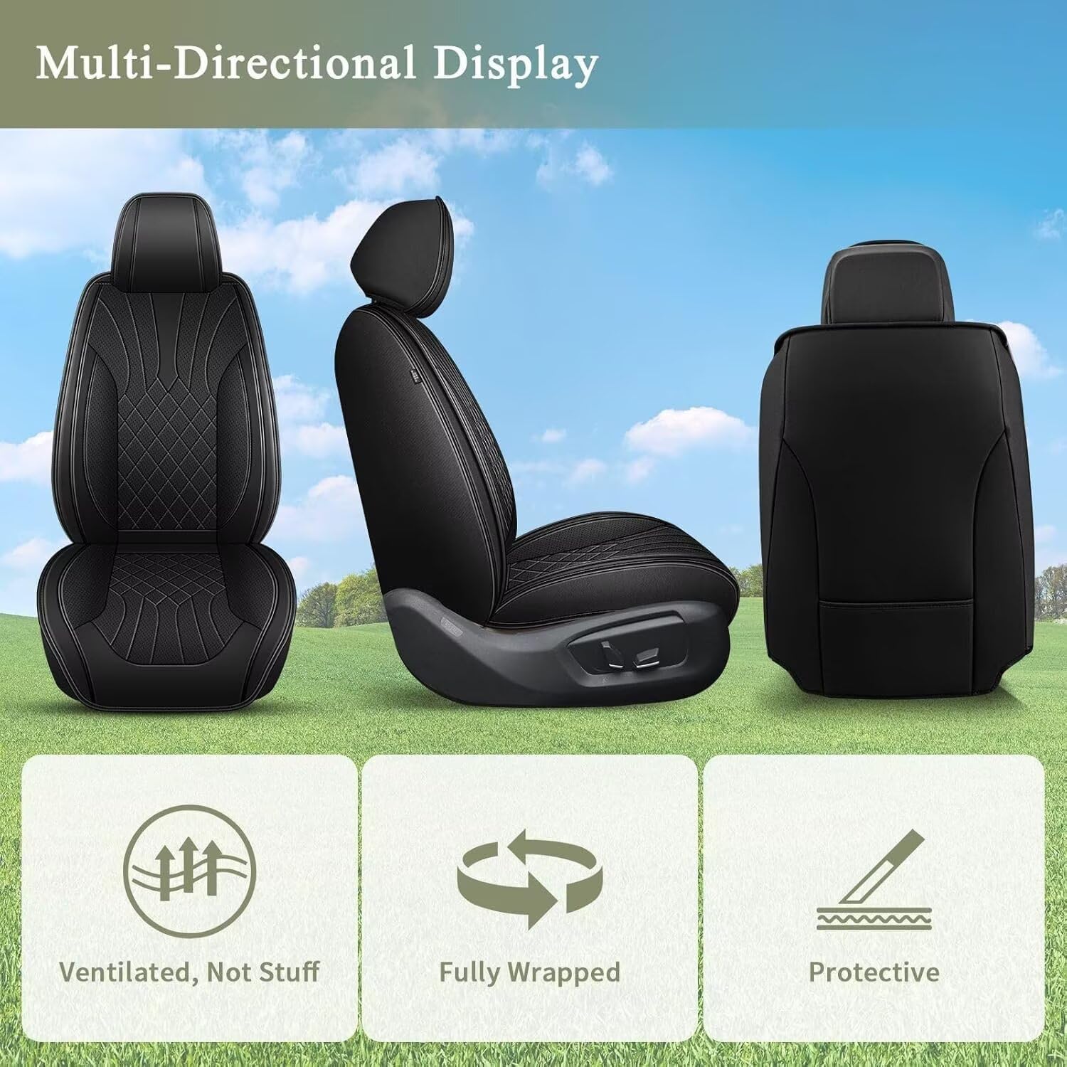 IKABEVEM Breathable Seat Covers for Hyundai Veracruz 2007-2012, Leather 2 Front Car Seat Protectors Automobile Accessories (Black)