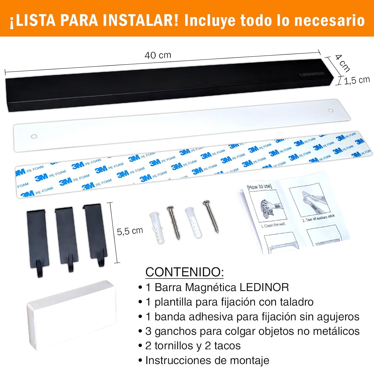 LEDINOR® Magnetic Knife Kitchen Knife Magnet Bar 40 cm Black + 3 Hooks + Screws and Plugs with Drill Template + Adhesive Tape for Fixing Without Holes | Knife Holder Easy Fix