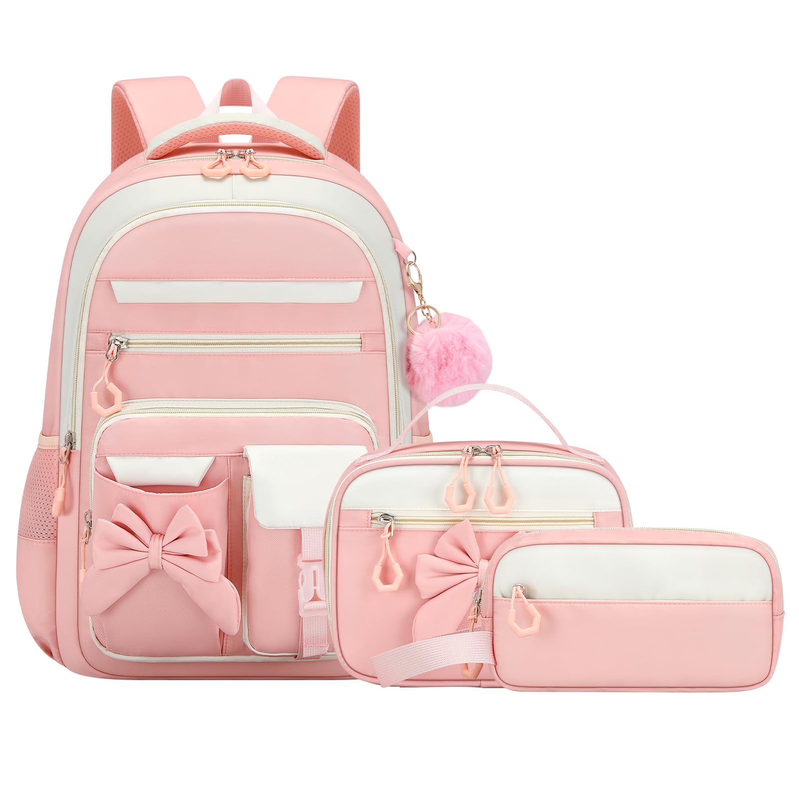 Amythe Zaino Scuola Elementare Bambina 3 Pezzi, Set Zaini Bambina Set 6-11 anni con Sacchetto per Pranzo e Astuccio per Matite, Zainetto Ragazza per Scuola, Rosa