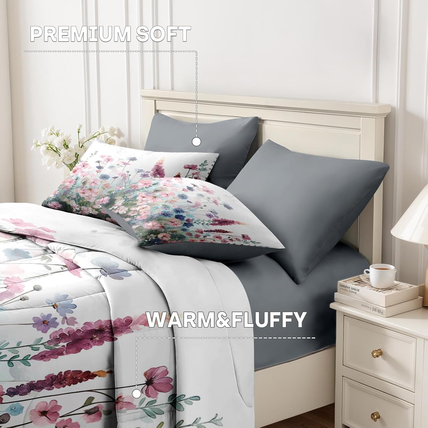 Nesker Comforter Set Queen Size, Watercolor Pink Wildflowers 7 Pcs Bedding for Kids and Adults, Pastoral Floral Bed Sheet Sets with Fitted Sheet 2 Pillowcases & 2 Shams - Image 5