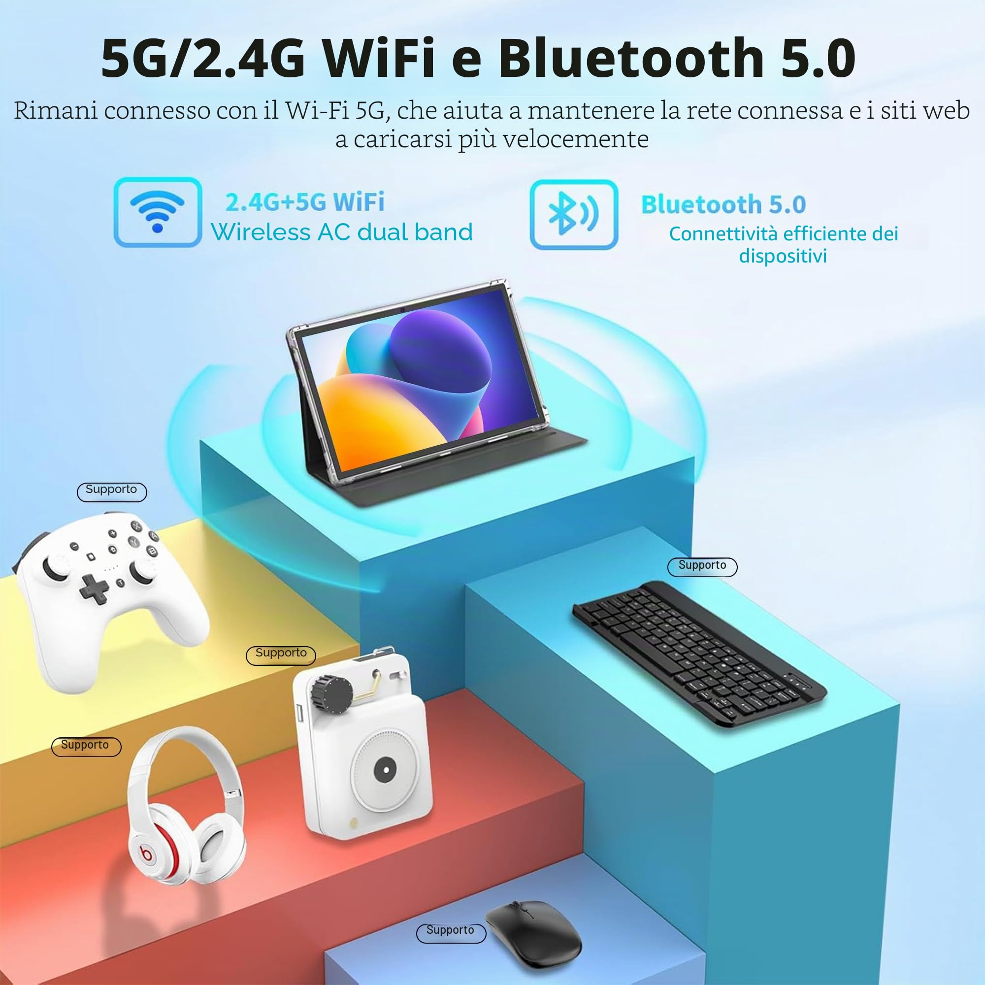 Tablet 10 Pollici Android Tablet 8GB RAM + 64GB ROM Quad-Core 5000mAh 1280x800 HD Touch Screen 5MP + 8MP HD Camera Bluetooth Tablet PC (Grigio) (8+64GB)