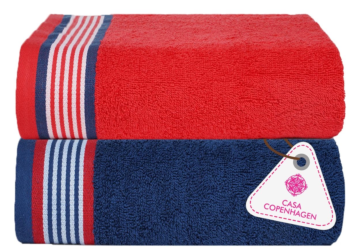 CASA COPENHAGEN Set di 2 Telo da bagno, cotone, blu e rosso American | He & She Set di asciugamani in 100% cotone egiziano (190x80cm) per spiaggia, doccia e piscina (set regalo per donna e uomo)