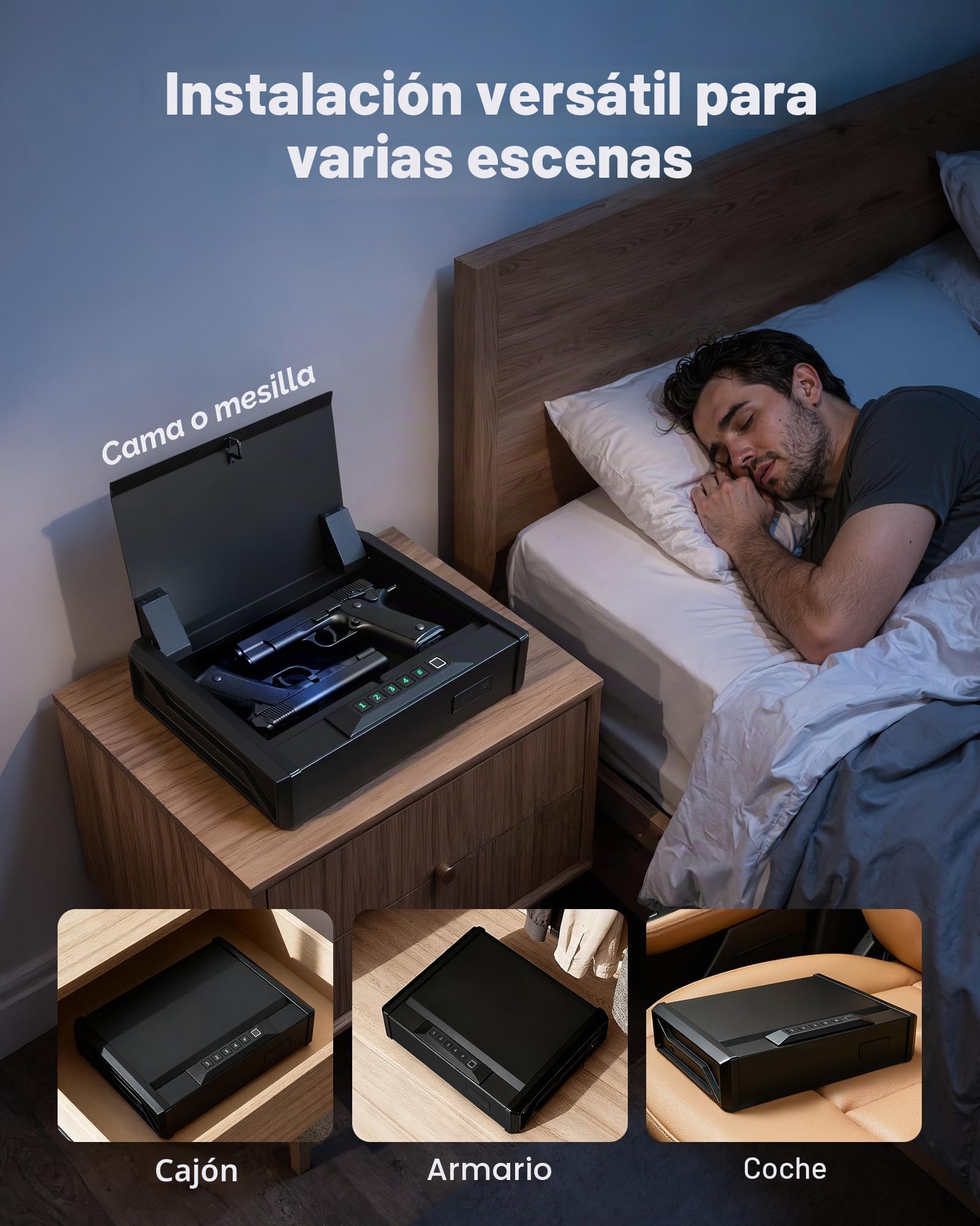 VEVOR Caja Fuerte para Pistolas de Acero, con 3 Formas de Acceso por Huella Dactilares, Contraseña y Llave, Caja Fuerte para Armas con Iluminación, Capacidad de 2 Pistolas y 2 Cargadores, Negro