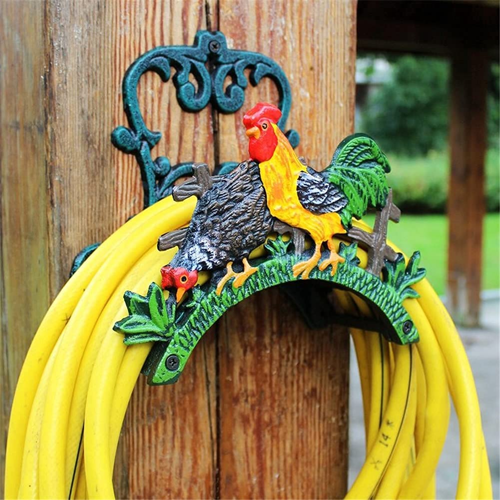 Soporte de manguera montado en la pared para jardín de hierro fundido, soporte de manguera de metal para gallo encantador, carrete de estante de manguera para interiores y exteriores decorativo de e