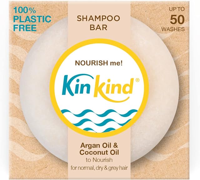 KinKind NOURISH me! Shampoo Bar. Coconut & Argan Oil for hydration. For normal, dry and grey hair. Vegan & Cruelty Free. UK made. Up to 50 washes.50g