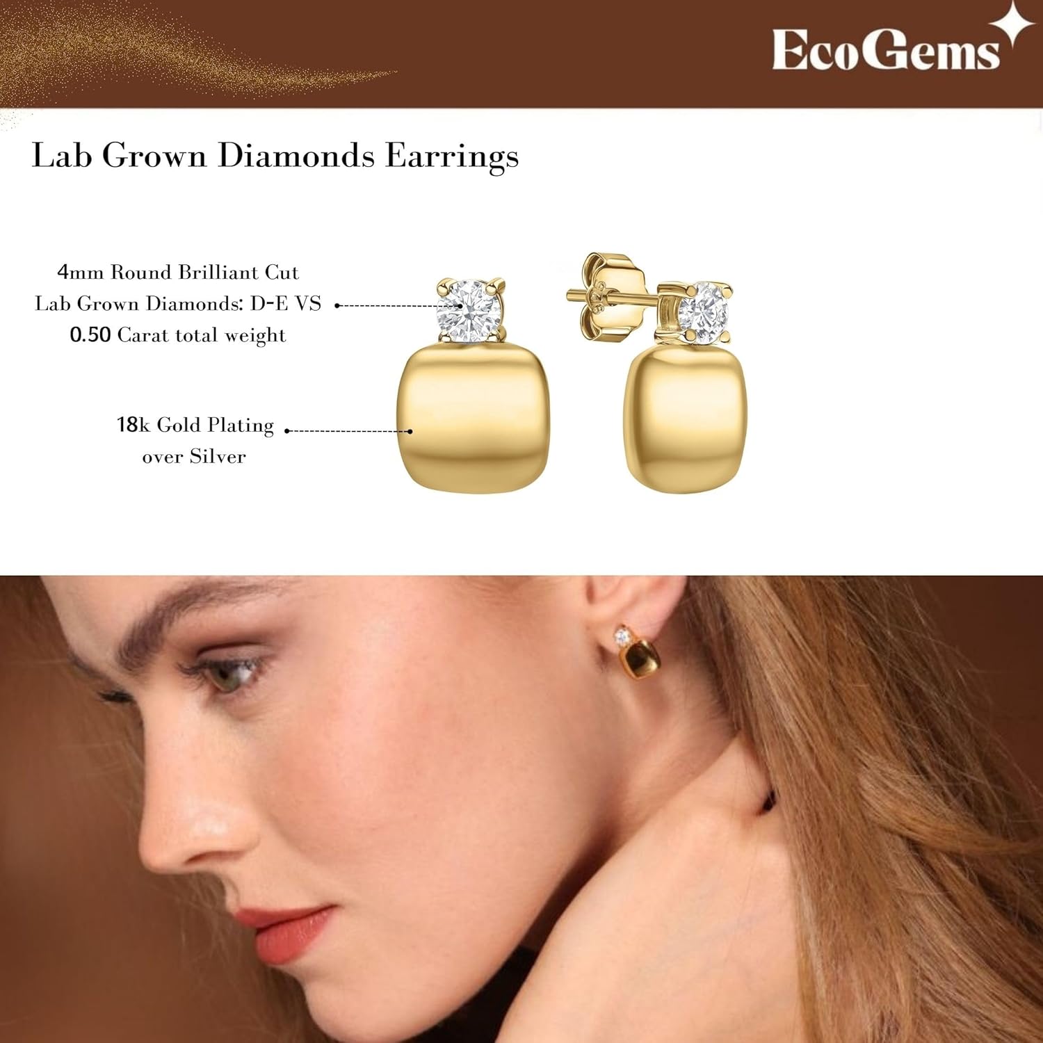 EcoGems 18K White | Yellow Gold Plated Silver Stud Earrings – Lab Grown Diamonds, Moissanite, Emerald, Sapphire & Freshwater Pearl Options – Fine Jewelry Gift for Women, Includes Gift Box