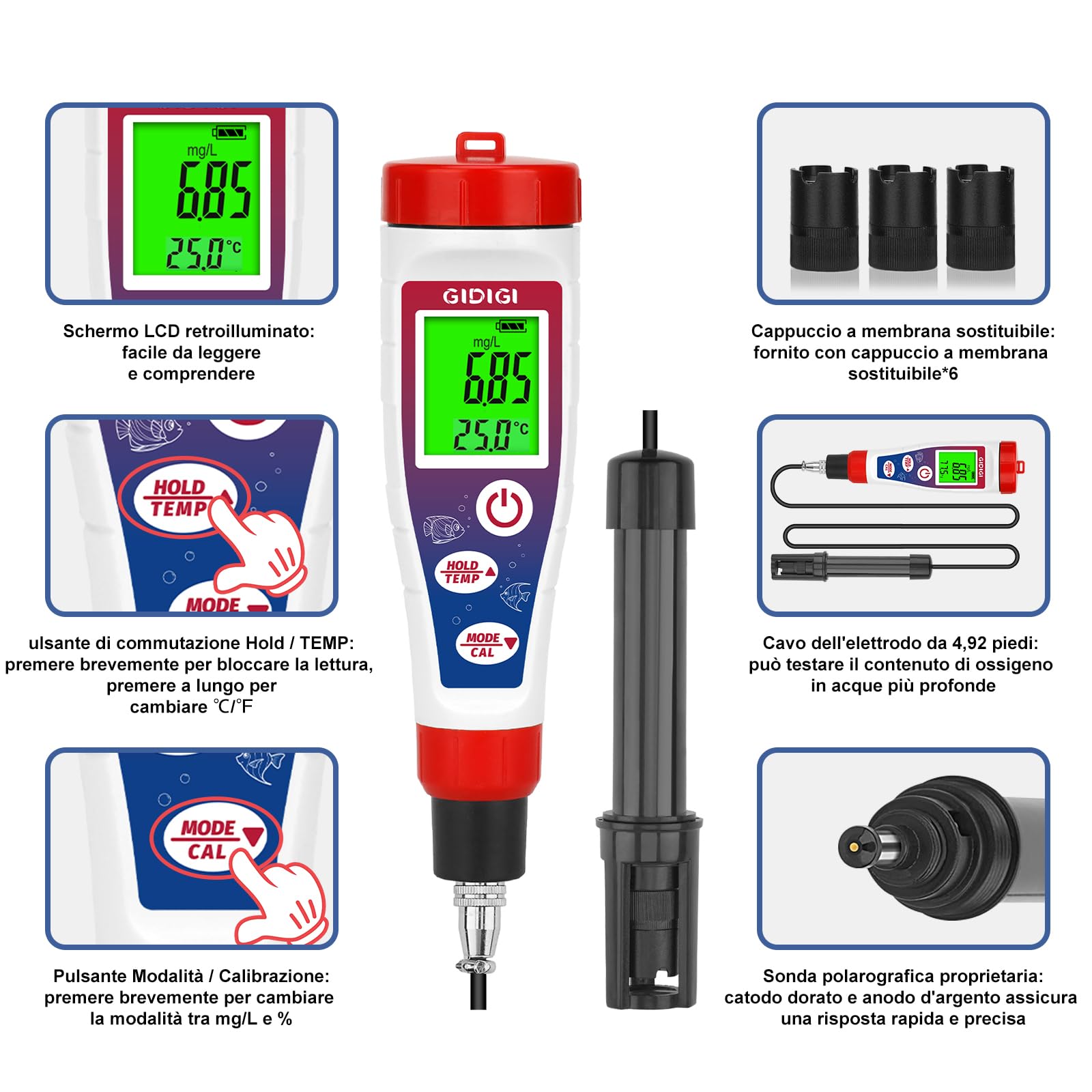Misuratore digitale di ossigeno disciolto con cavo sonda da 4,92 piedi, analizzatore di ossigeno misuratore DO con accessori, kit di test per acquari e laghetti 0,0-40,0 mg/L per acquario, vino