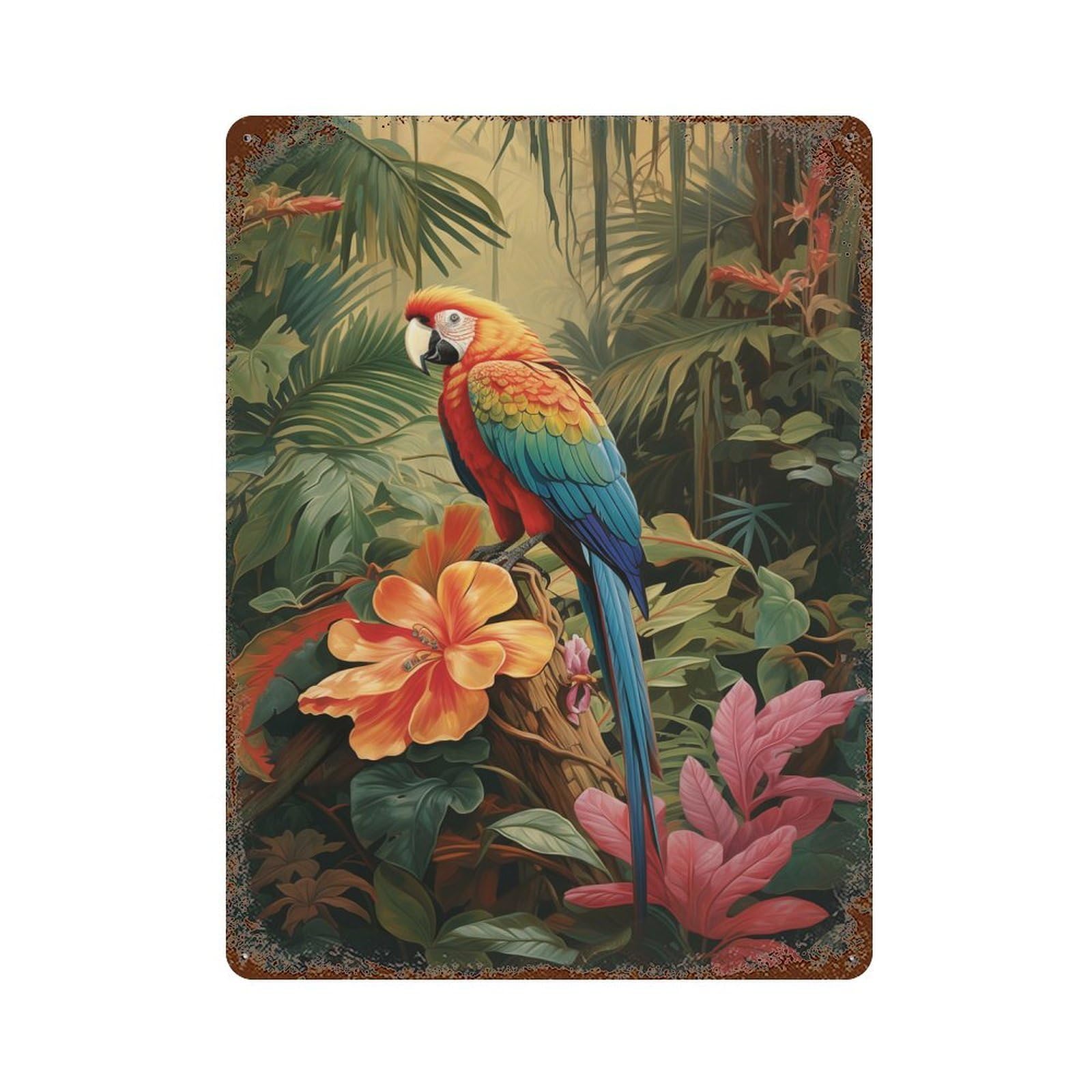 Vintage Rust Metal Sign with Parrot in Tropical Paradise Design 15.7"x11.8", for Farmhouse, Kitchen And Entryway Decor, Novelty Wall Decor