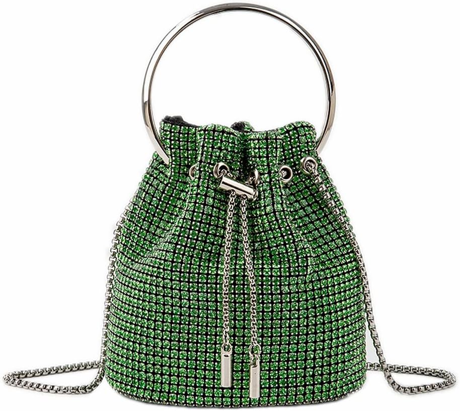 DJBM Sparkly Women Rhinestone Bucket Evening Bag Diamond Clutch Purse Round Handle Crystal Handbag for Party Wedding Party Prom, Green