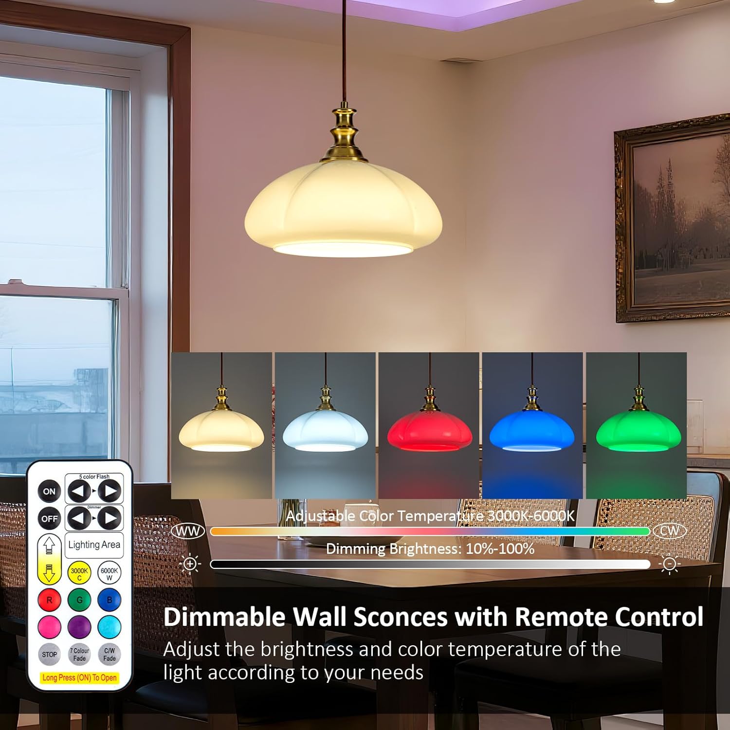 Modern Style Battery Operated Pendant Light,Battery Ceiling Light with Rechargeable Bulbs Remote Control 9 Colors Modes Dimmable Kitchen Island Bedroom Dining Room