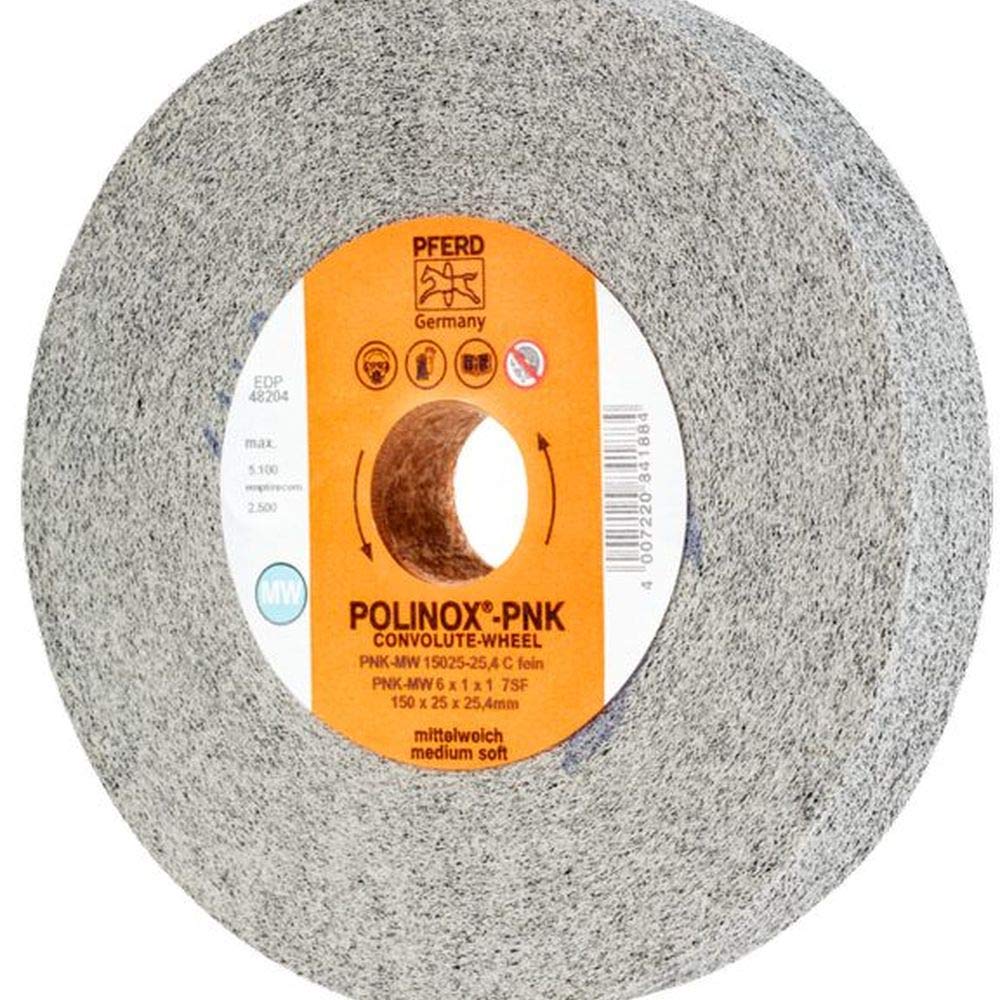 PFERD 48204 POLINOX PNK Non-Woven Abrasive Convolute Wheel, Silicon Carbide, 6" Diameter x 1" Width, 1" Arbor Hole, 5100 Maximum RPM, Fine Grit