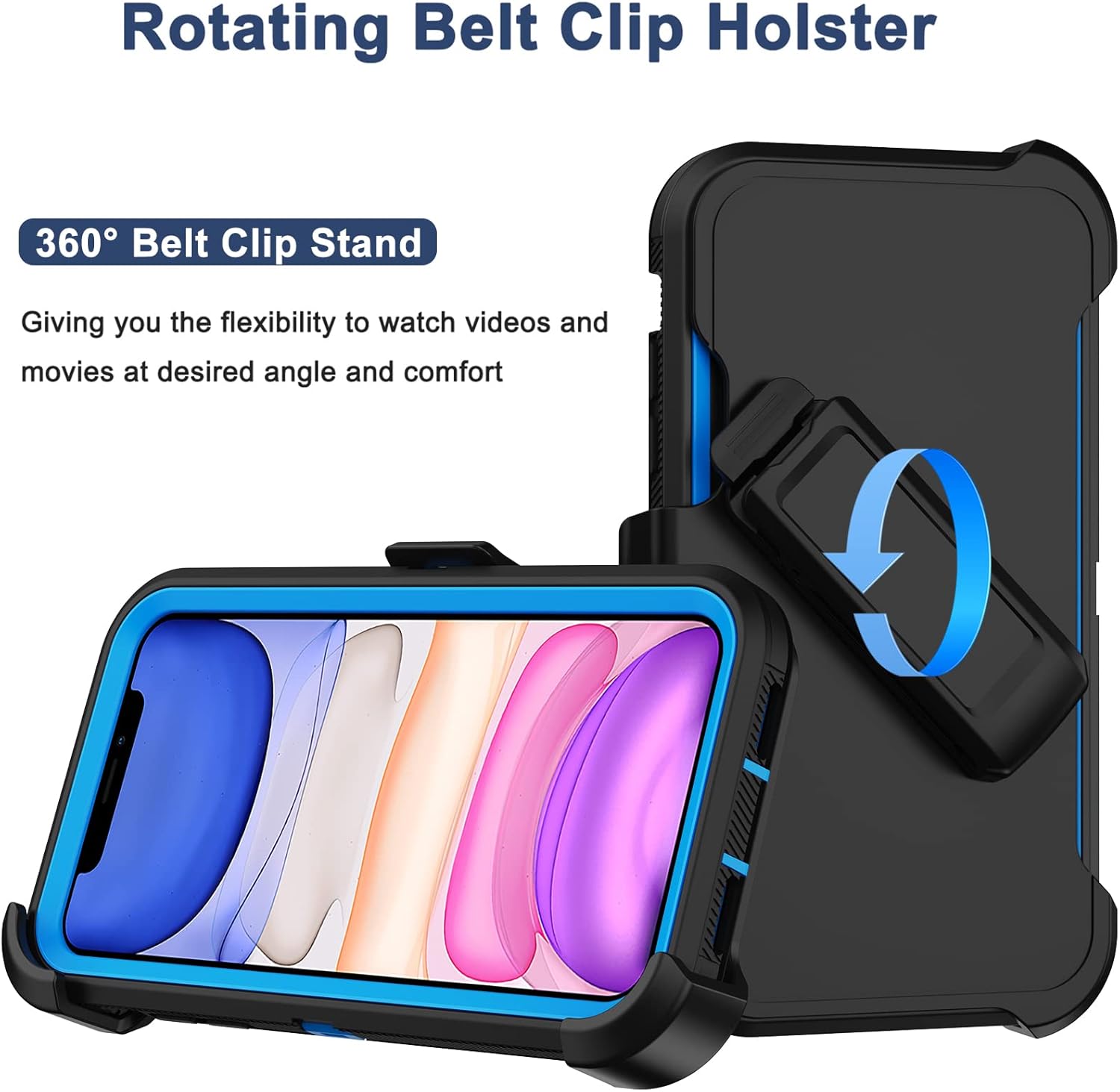 for iPhone 11 Case with Belt Clip Holster, 2 x Screen Protector, [Military Grade] Heavy Duty Full Body Shockproof Dust-Proof Drop Proof Rugged Protective Cover for Apple iPhone 11 (Black Blue B) - Image 2