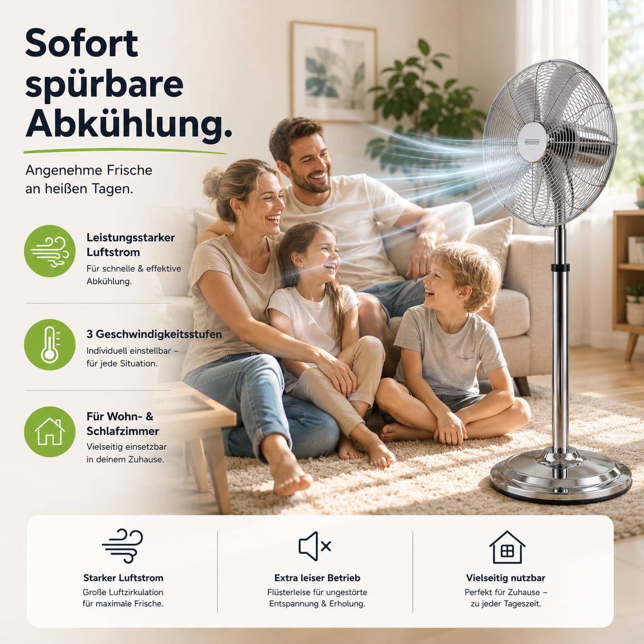 3 Stufen - Ø 45 cm Ventilator - Bodenventilator aus Metall – leistungsstarker Standventilator mit mehreren Geschwindigkeitsstufen extra leise Windmaschine für Kühlung (Standventilator Ø 45 cm)