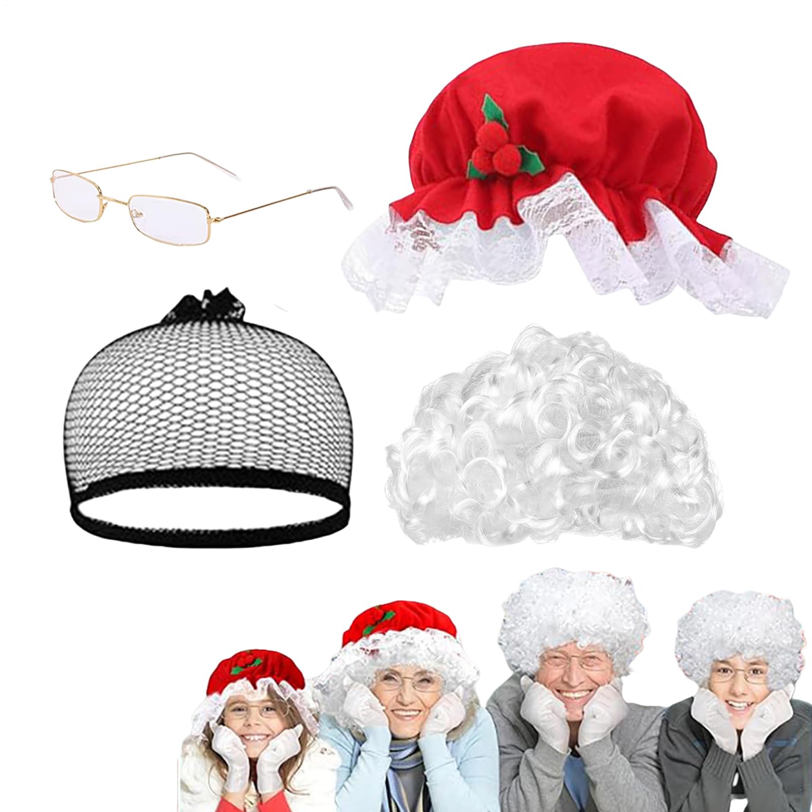 Peluca de abuela con gafas y redecilla para disfraces de Navidad 8