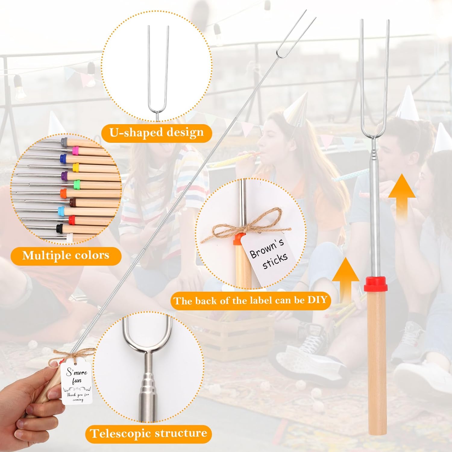 12 Pcs Marshmallow Roasting Sticks with White Metal Bucket Extendable Smore Skewers Long 32' Hot Dog Sticks Barbecue Forks 20 Smores Party Favors Tags with String for Fire Pit Outdoor Campfire Camping