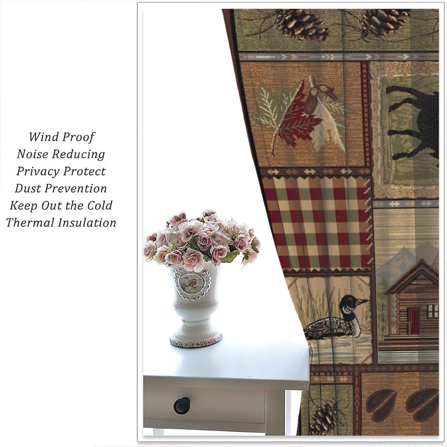 Rustic Cabin Curtains，Vintage Farmhouse Hunting Theme Moose Bear Elk Tree Plaid Window Treatment,Energy Saving Blackout Curtains for Bedroom,Set 2 Panels 42 x 63 Inch