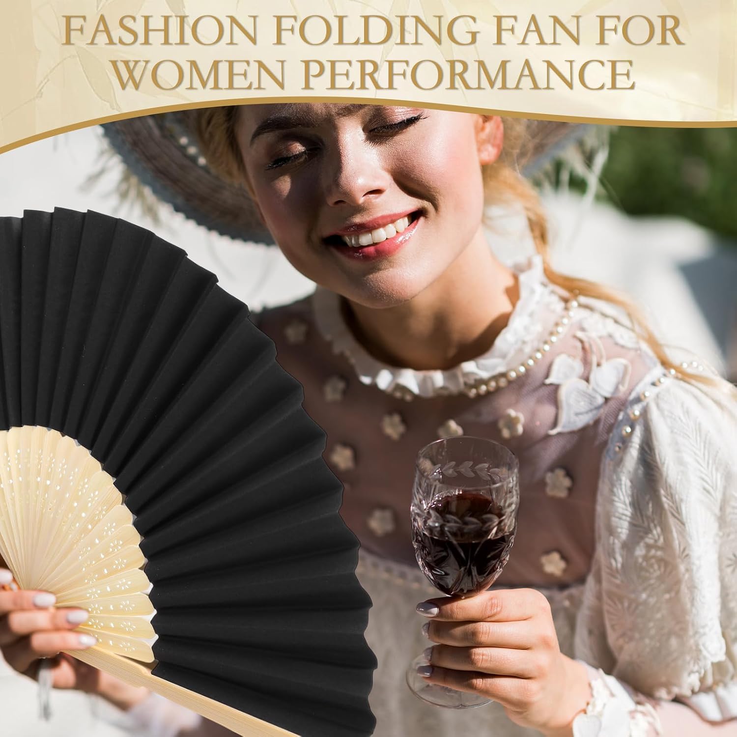 Roowest 50 Pack Paper Folding Fans Bamboo Wedding Favors, Black image 5