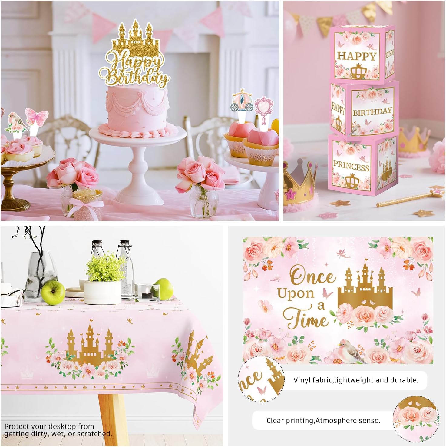 Princess Birthday Party Decorations for Girl, All-in-one Pink Princess Birthday Decorations Set Include Balloon Arch Tableware Tulle Curtain Cupcake topper Balloon Box Backdrop Sash Centerpieces