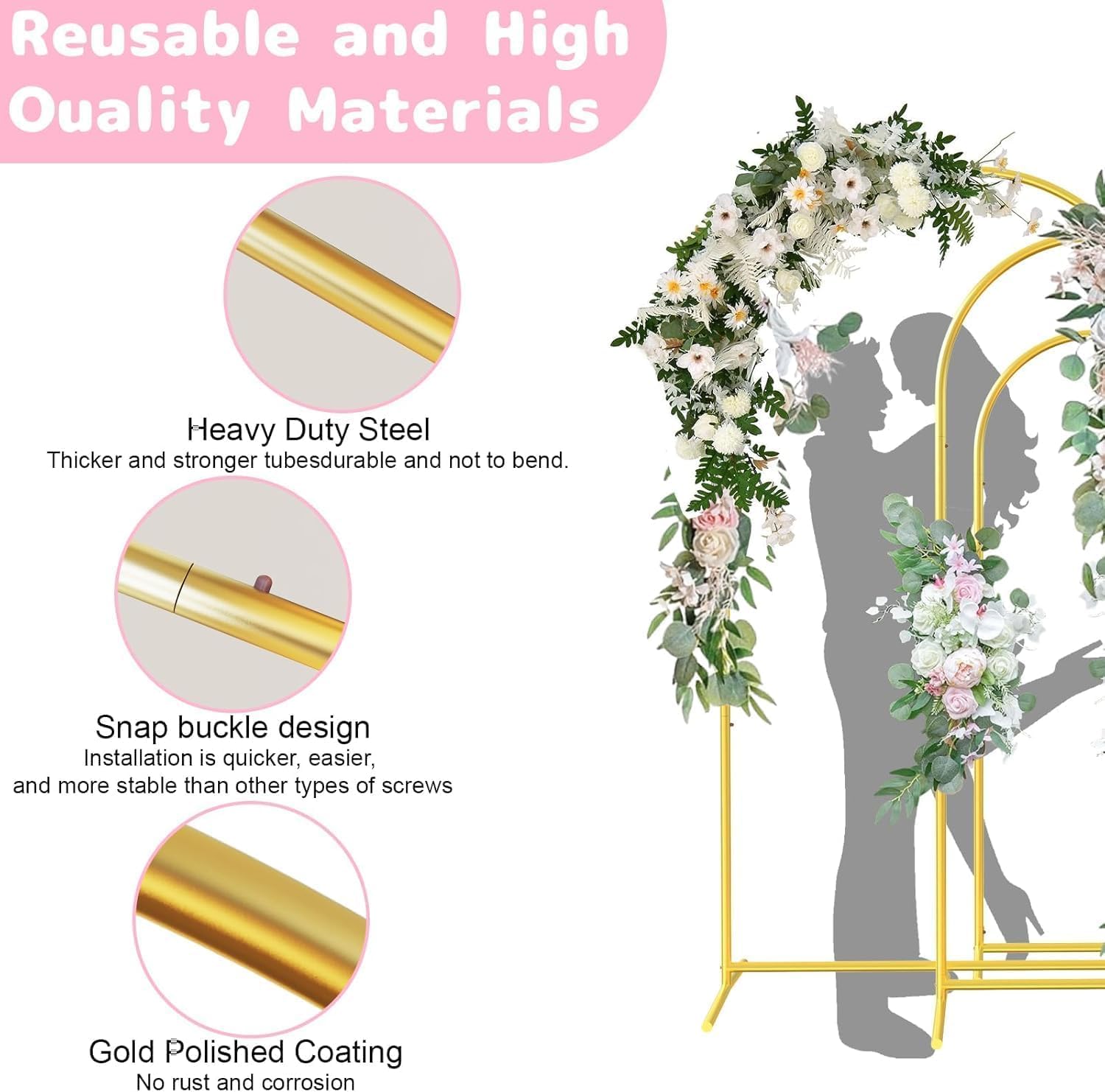 Goldfarbener Metallbogen-Hintergrundständer 7.2FT 6.6FT 5.9FT 3 Stück für Hochzeit