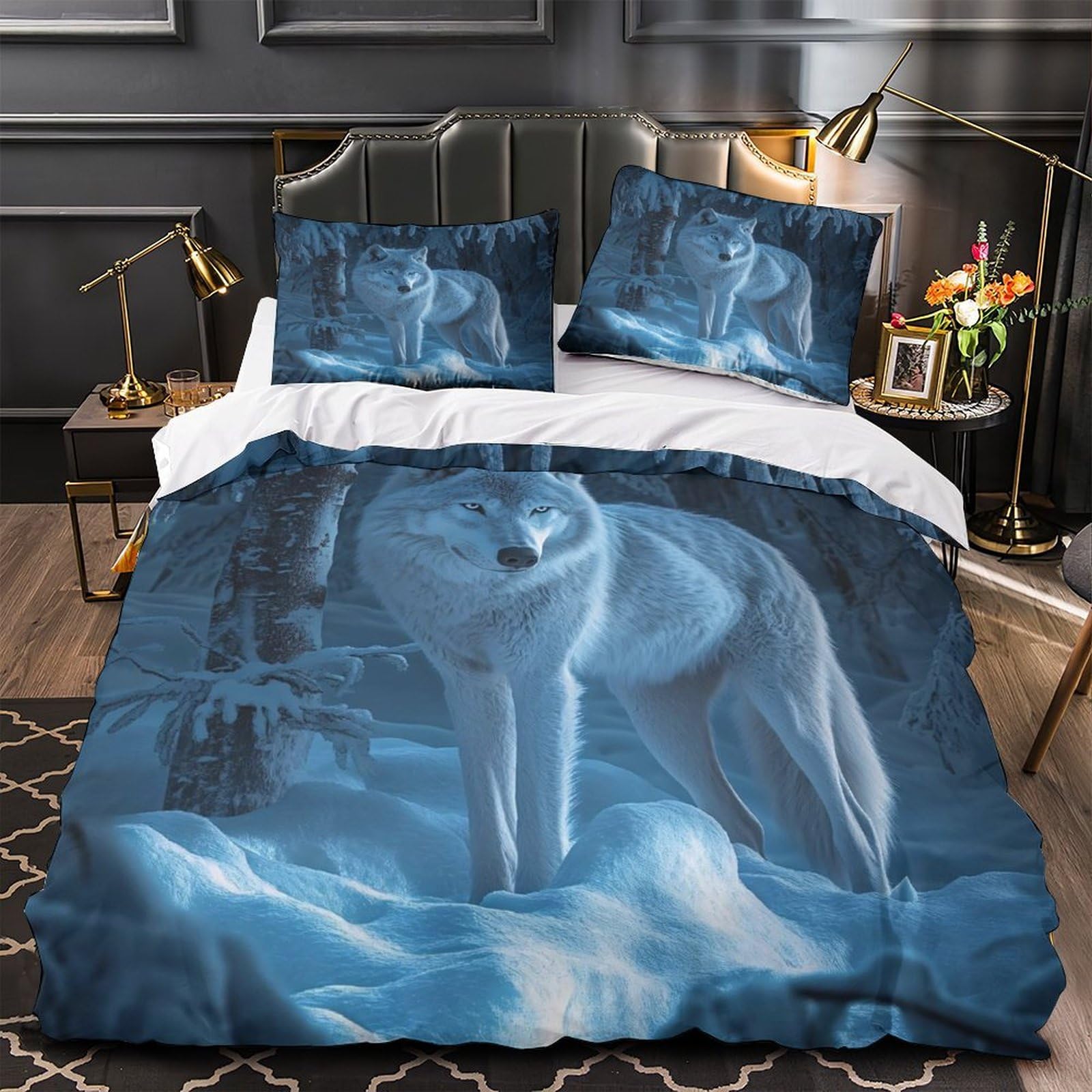Drap de couette loup d'hiver microfibre imprimé 3D avec taies d'oreiller