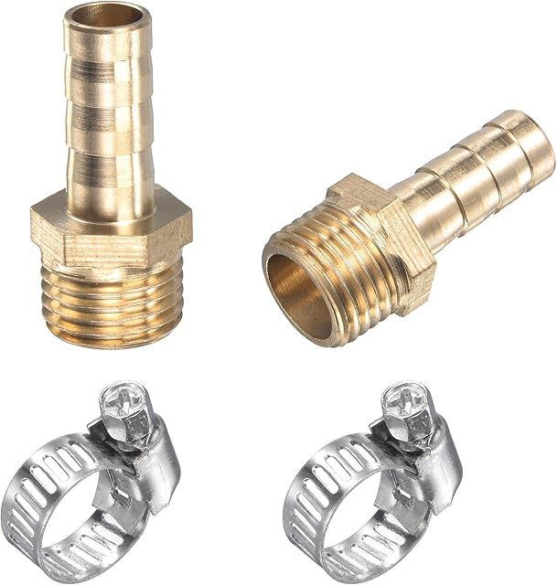 sourcing map Brass Hose Barb Fitting Straight 8mm x G1/4 Male Thread Pipe Connector with Stainless Steel Hose Clamp, Pack of 2