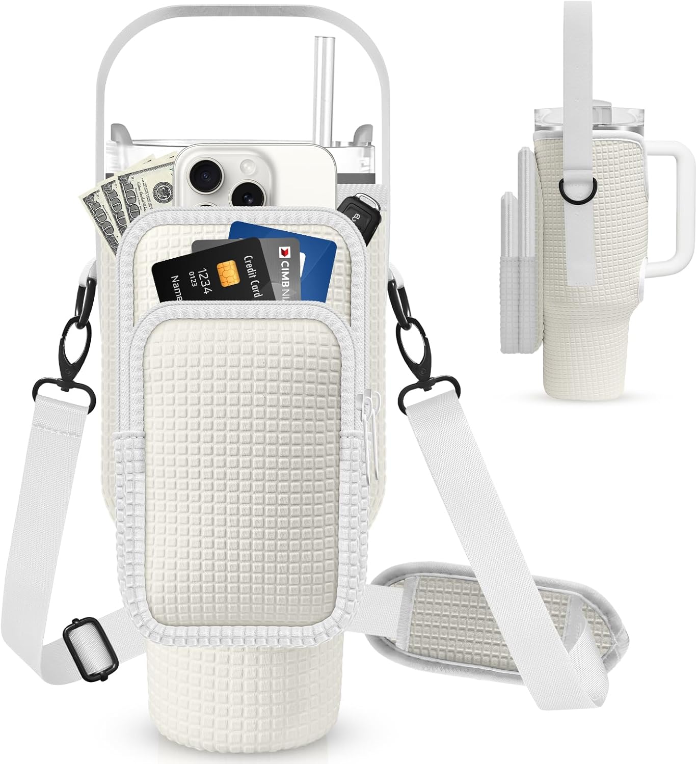 Water Bottle Carrier Bag with Phone Pocket for Stanley 40/30 oz Tumbler,Neoprene Water Bottle Holder Cross-boday Bag with Adjustable Shoulder Strap& Handheld Strap for Stanley Cup Accessories