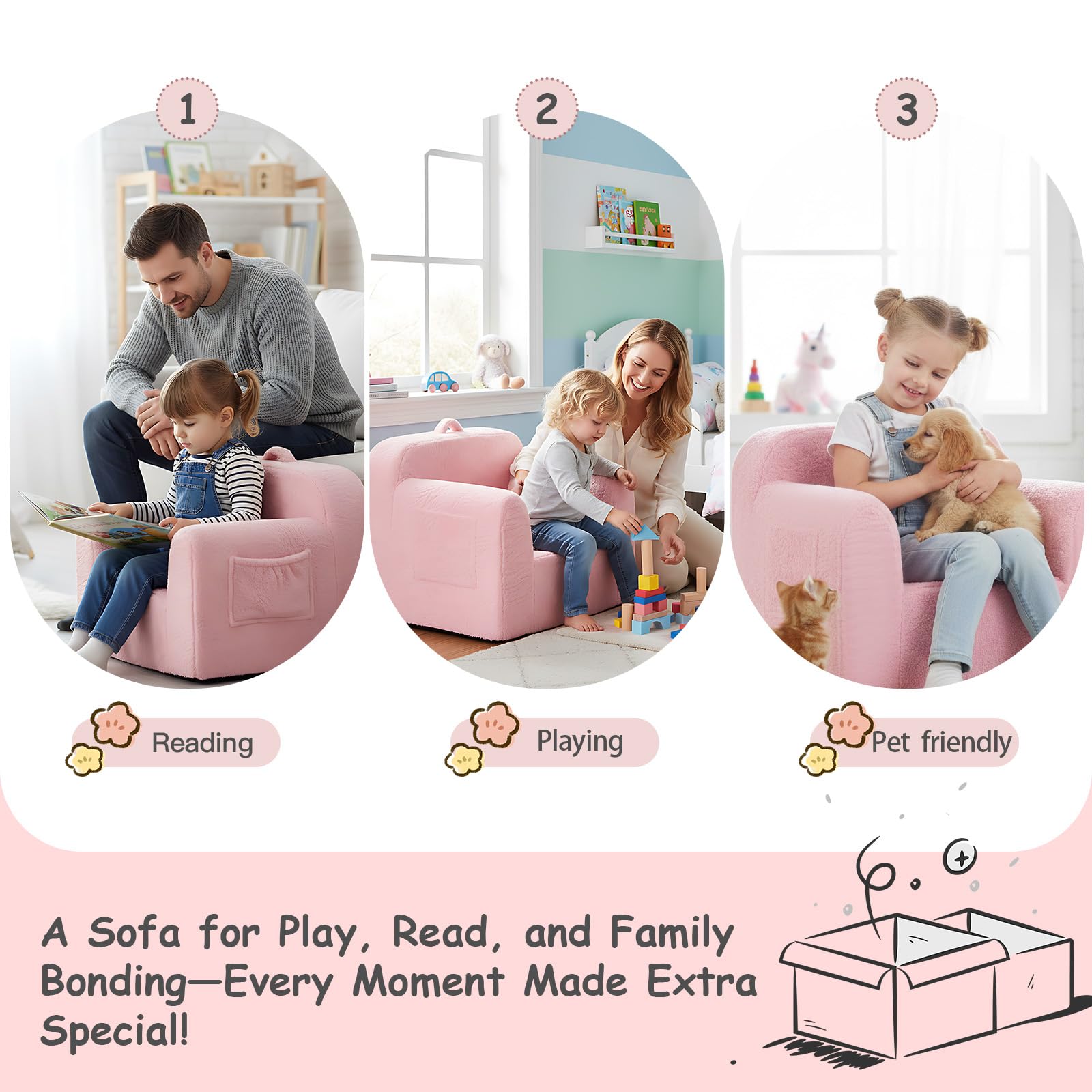 Tiita Toddler Chair Couch, Comfy Fold Out Kids Sofa, Lightweight Children Couch with Carrying Handle & Side Pockets, Kids Foam Armrest Read Sofa for Girl or Boy, Pink