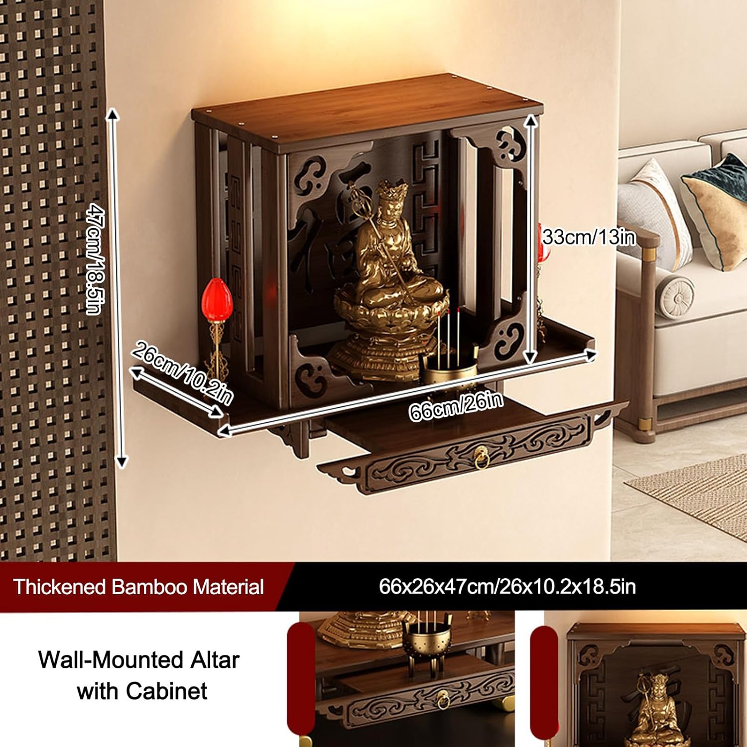 HARELA Wall-Mounted Buddha Altar Table with Pull-Out Board, Small Meditation puja Table, Chinese Altar Cabinet Offering Table Buddhist Prayer for Small Spaces(66x26x47cm/26x10.2x18.5in)