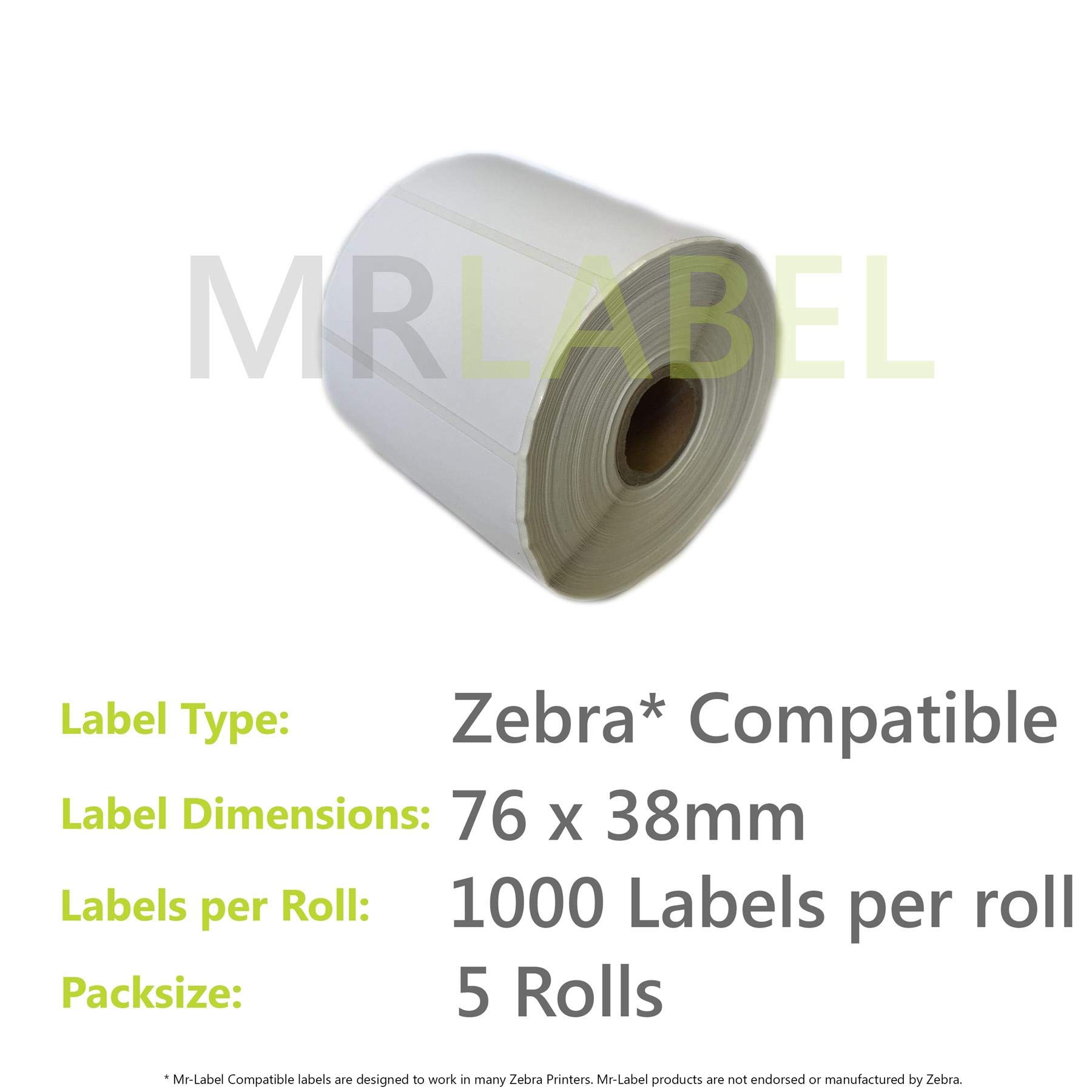 5000x Zebra Compatible Thermal Labels (5 Rolls of 1000) 76x38mm