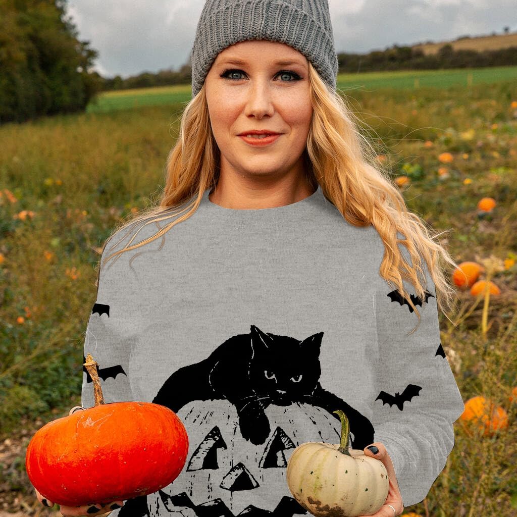 Black Cat on Pumpkin Sweatshirt Halloween Sweatshirts for Women Fall Pumpkin Face Tee Lightweight Pullover Tops - Image 4