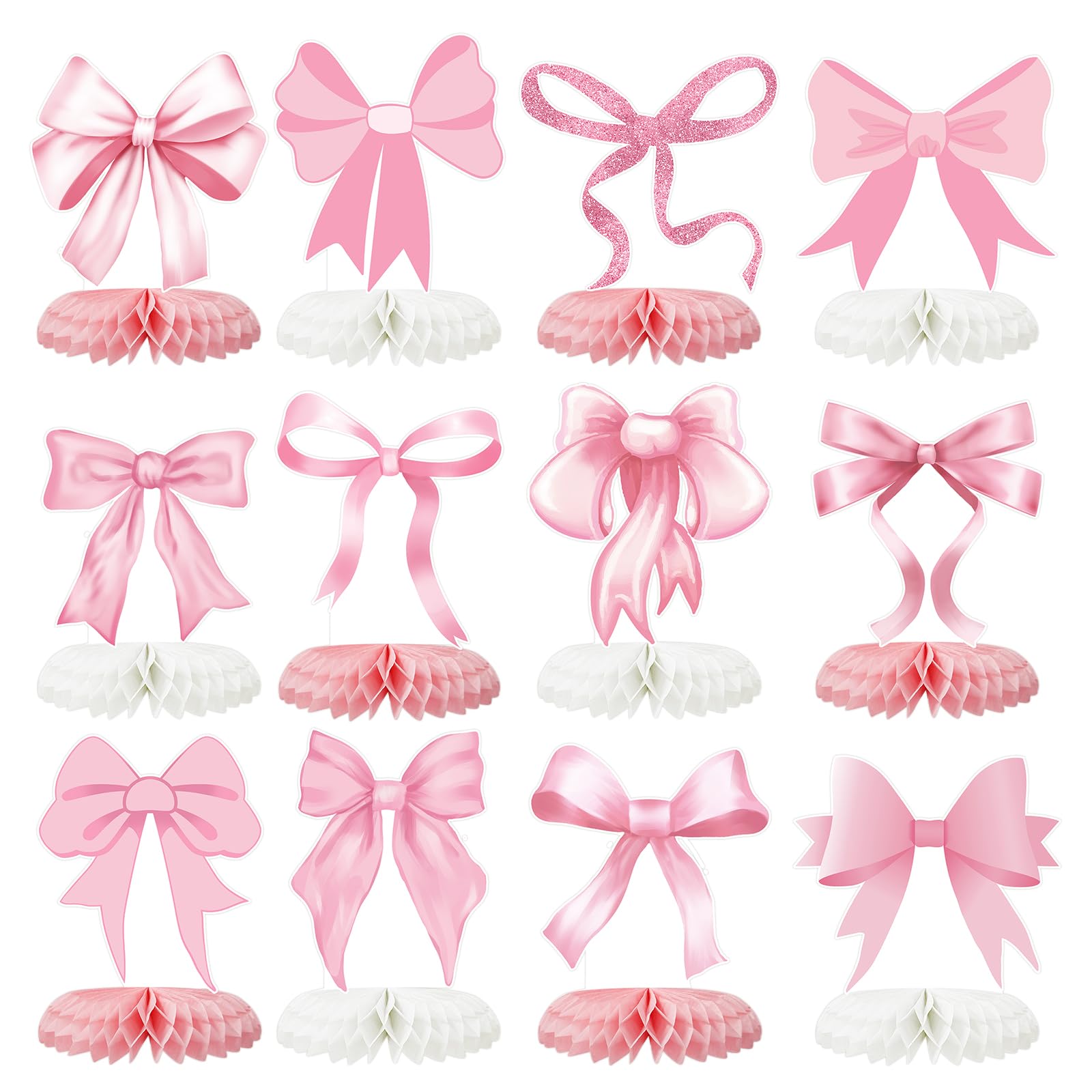 12 Pcs Pink Bow Party Decorations Honeycomb Centepieces 3D Coquette Birthday Table Decor Pink Bow Party Table Topper for Birthday Bachelorette Bridal Wedding Party Supplies
