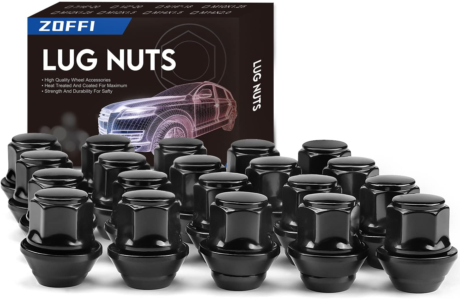 ZOFFI M12x1.5 Black OEM Factory Style Large Acorn Seat Lug Wheel Nuts for Most Ford Fiesta Focus Fusion Alloy Wheels - 20pcs Black Closed End M12x1.5 Lug Nuts
