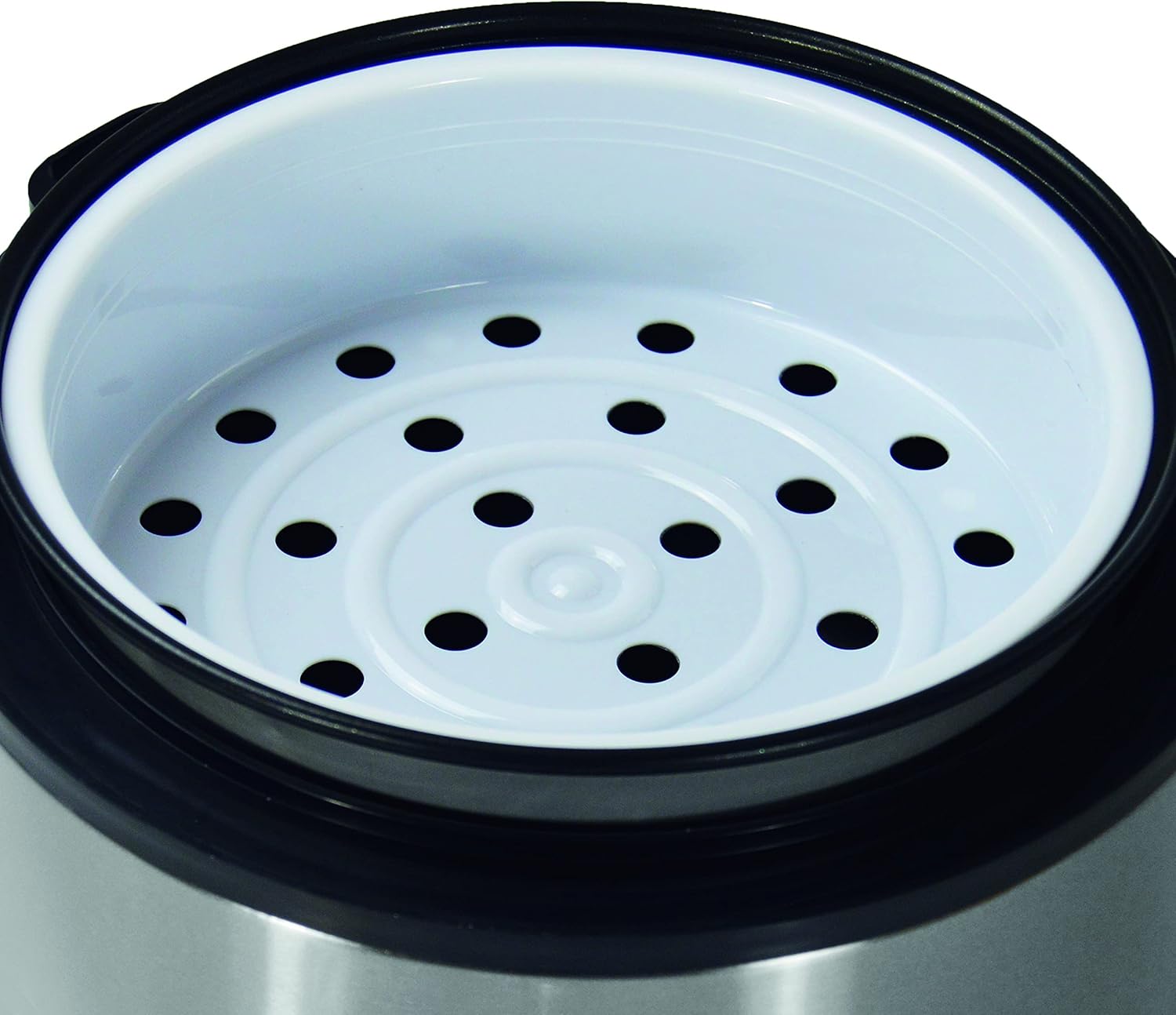 Anndan view of JOCCA Rice Cooker showing non-stick pot and steamer tray