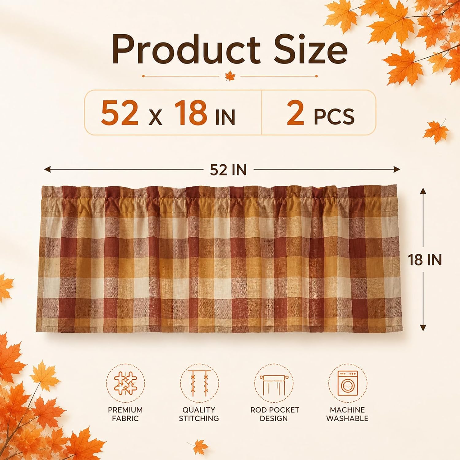 Irenare 2 Pcs Fall Orange Plaid Valance Curtains Decor 52x18 | Thanksgiving Rod Pocket Short Window Curtain, Fall Harvest Buffalo Check Kitchen Valance, Autumn Small Window Decor