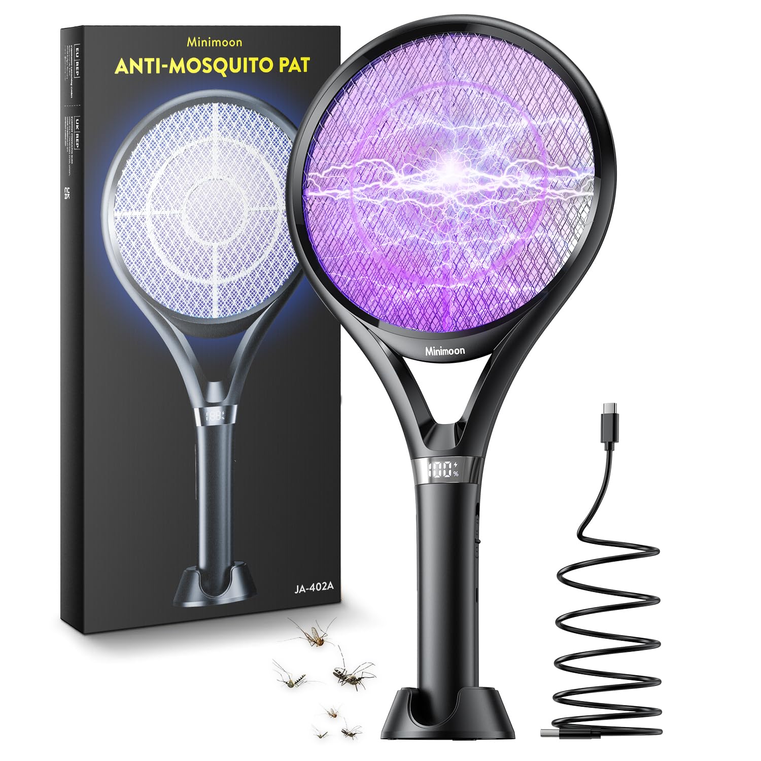 Photo 1 of Minimoon Electric Fly Swatter with LED Display, 2000mAh Rechargeable Fly Swatter Racket, 2500V Bug Zapper Racket Dual Modes, Mosquito Killer Lamp with 3 Layers Safety Mesh for Indoor Outdoor Camping