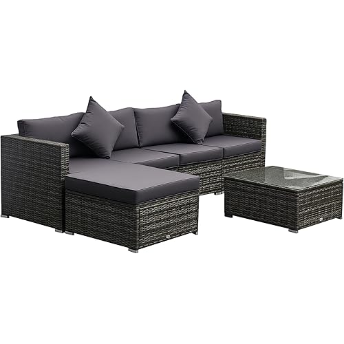 Outsunny 6 Piece Patio Furniture Set Outdoor Wicker Conversation Set All Weather PE Rattan Sectional Sofa Set with Ottoman, Cushions and Tempered Glass Table, Mixed Gray and Gray
