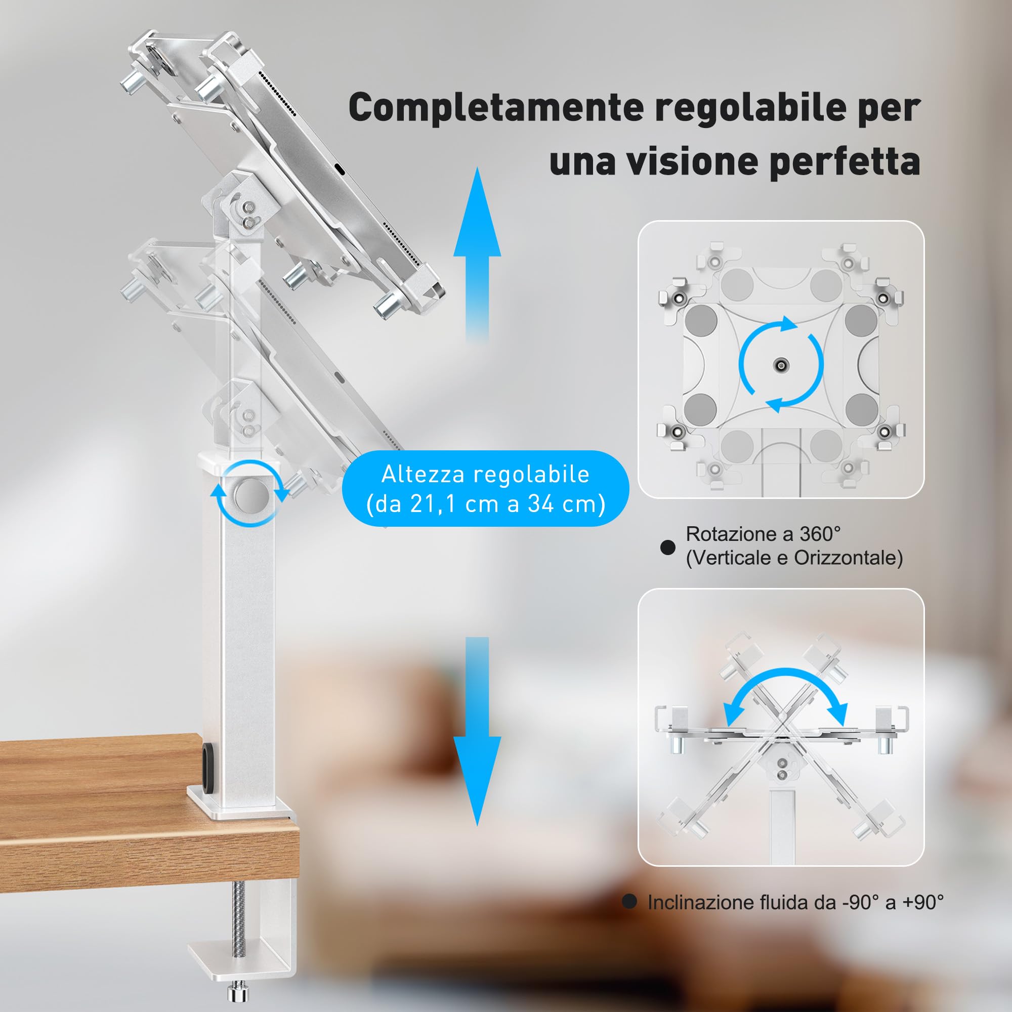 AboveTEK iPad Desk Stand, un supporto per tablet regolabile e antifurto con rotazione di 360° e inclinazione di 180°, si adatta a tablet da 9,7" a 13" ed è perfetto per il lavoro-Argento
