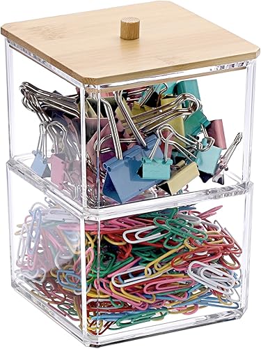 BTSKY Organizador de clips de papel transparente apilable con tapa de bambú de 2 capas, caja de clips de papel, accesorio de oficina de acrílico