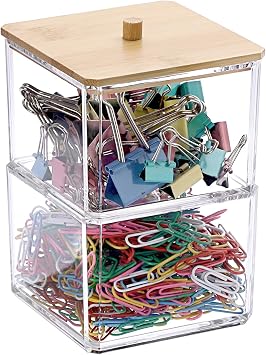 BTSKY Clear Stackable Paper Clip Holder with Bamboo Lid 2-Layer Paperclip Box Thick Acrylic Office Supply Accessory Organizer Square Small Storage Holder Cute Qtip Holder for Office Bathroom Vanity
