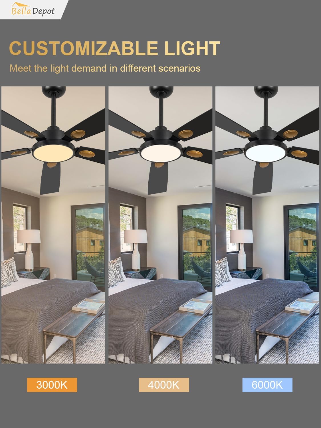 Bella Depot 52 Inch Black and Gold Ceiling Fan with Light, Modern Ceiling Fan with Dimmable LED Light, Chandelier Fan with Quiet DC Motor for Living Room, Bedroom, Kitchen (Black Gold)