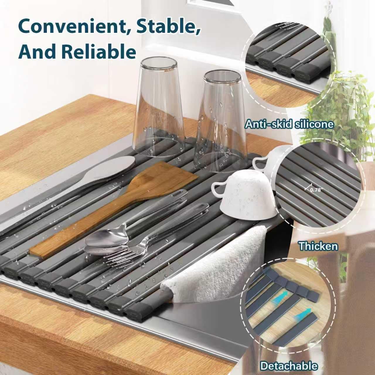 KABUM 17.72x11.81 Heavy-Duty Aluminum Alloy Roll Up Dish Drying Rack, Food-Safe Coating with Anti-Skid Silicone, Extra Wide & Thickened Sink Drying Rack for Kitchen Counter, Space-Saving Organizer